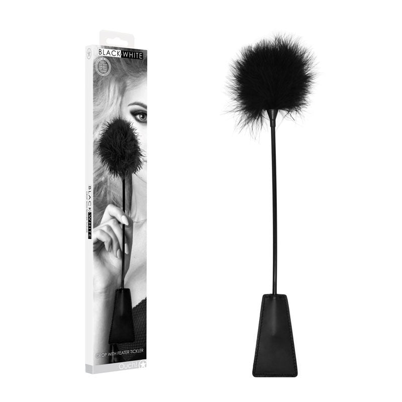 Ouch!  & white crop with feather tickler - Product front view and box side view | Flirtybay.com.au
